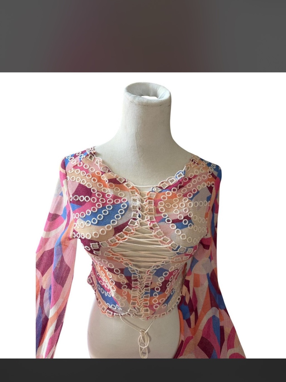Multi-Color Lace-Up Mesh Crop Top - Pink/Blue Pattern